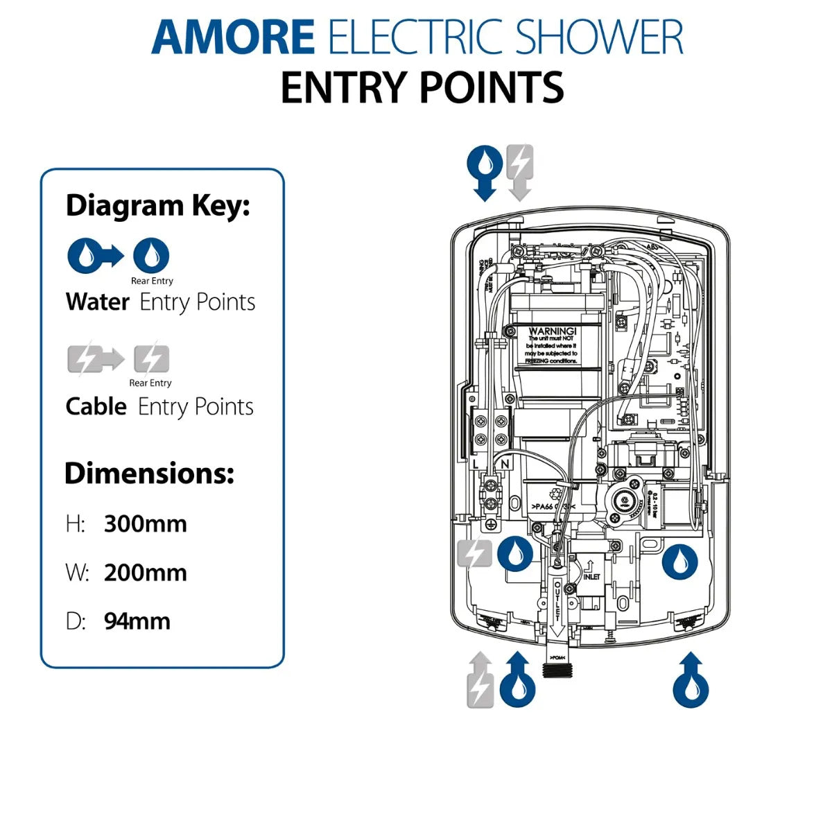 Triton Amore DuElec Electric Shower - Gloss Black - Technical drawing