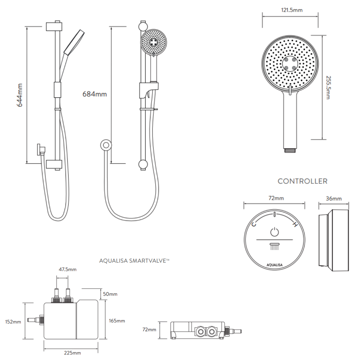 Aqualisa Smart Glo Digital Shower - Single Outlet with Riser Rail Concealed HP/Combi - Chrome - Technical drawing