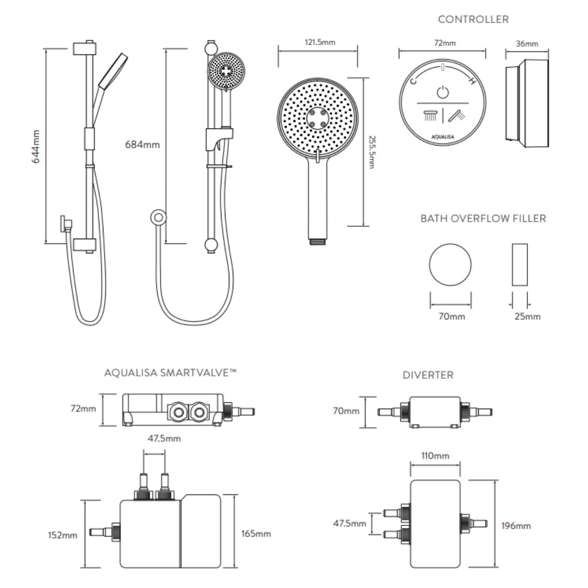 Aqualisa Smart Glo Digital Shower - Dual Outlet with Riser Rail and Bath Fill (Concealed) HP/Combi - Chrome - Technical drawing