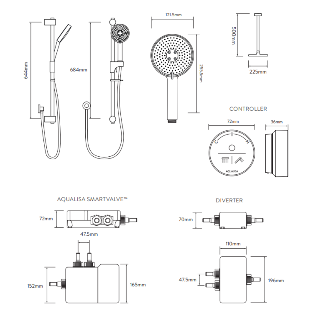 Aqualisa Smart Glo Digital Shower - Dual Outlet with Riser Ail and Fixed Ceiling Head (Concealed) HP/Combi - Chrome - Technical drawing
