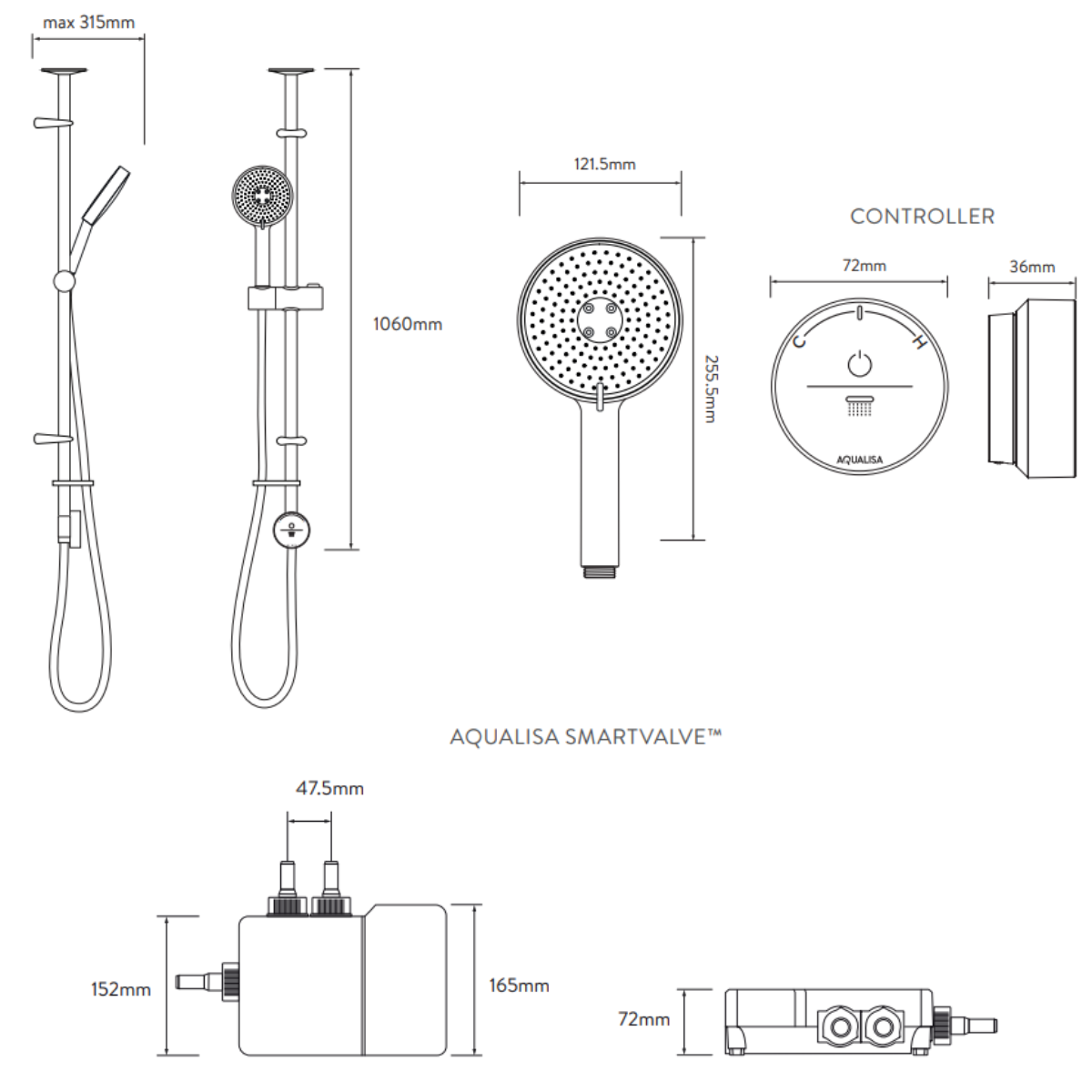 Aqualisa Smart Glo Digital Shower - Single Outlet with Riser Rail Exposed HP/Combi - Chrome - Technical drawing