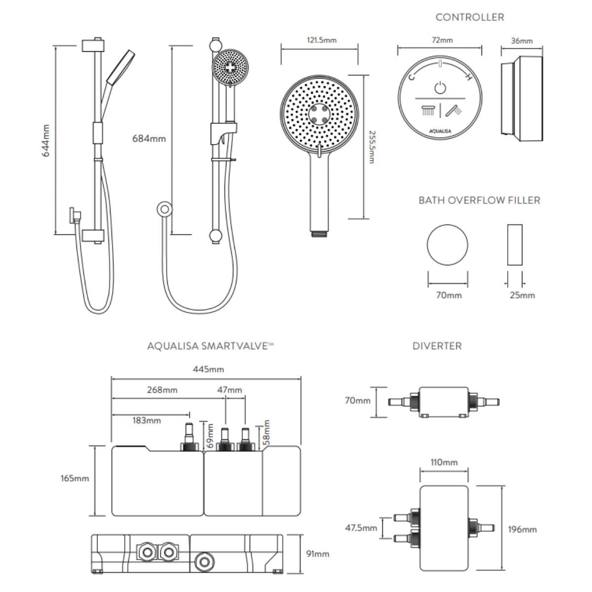 Aqualisa Smart Glo Digital Shower - Dual Outlet with Riser Rail and Bath Fill (Concealed) Gravity Pumped - Chrome - Technical drawing