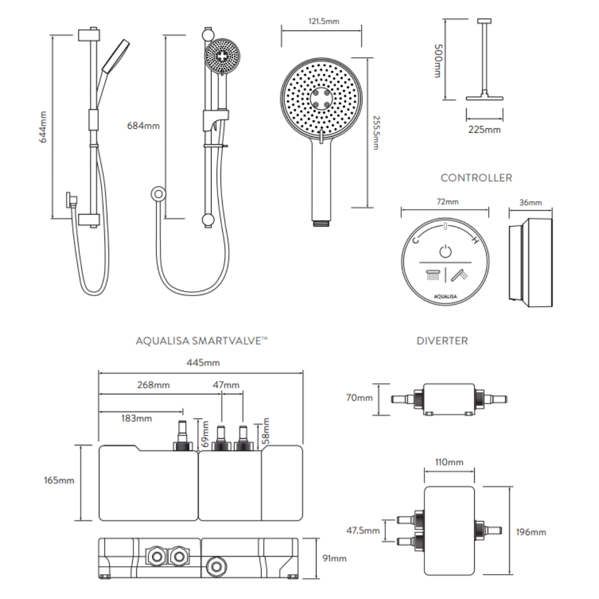 Aqualisa Smart Glo Digital Shower - Dual Outlet with Riser Rail and Fixed Ceiling Head (Concealed) Gravity Pumped - Chrome - Technical drawing