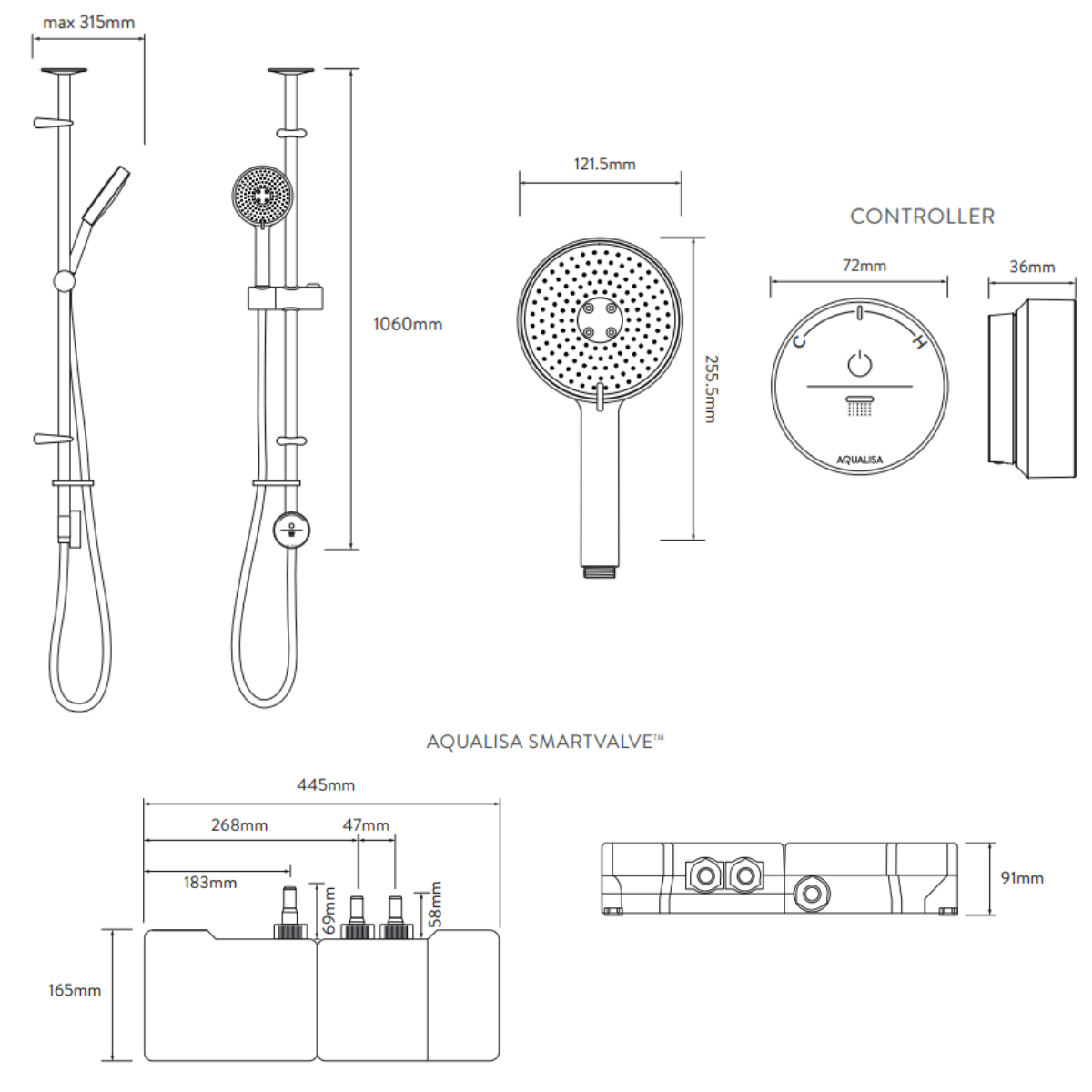 Aqualisa Smart Glo Digital Shower - Single Outlet with Riser Rail Exposed Gravity Pumped - Chrome - Technical drawing