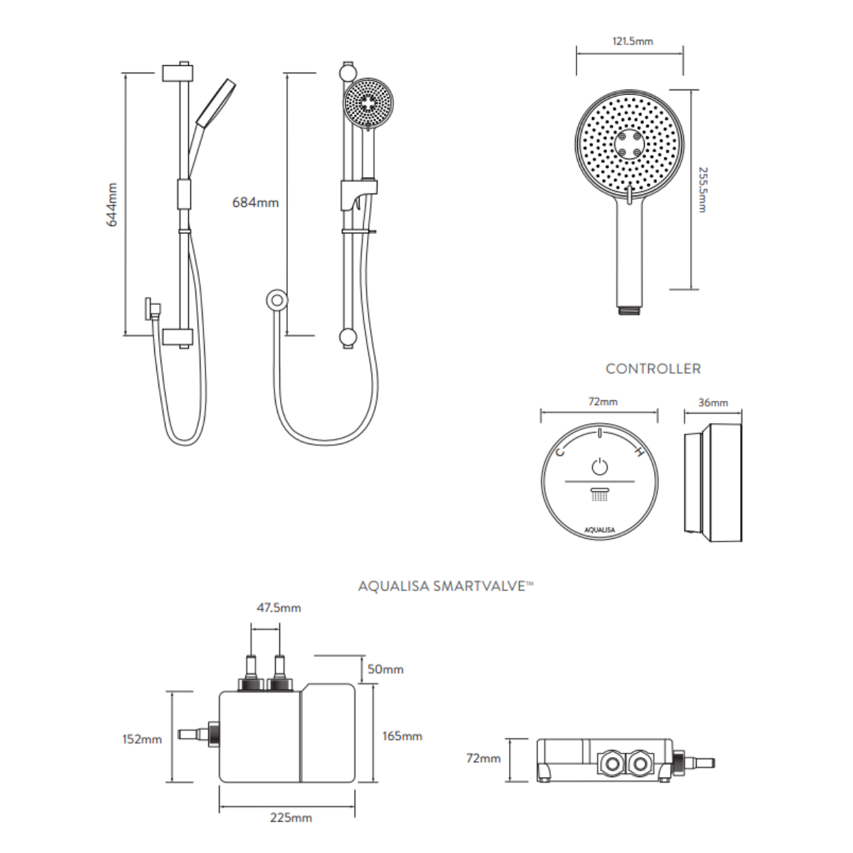 Aqualisa Smart Glo Digital Shower - Single Outlet with Riser Rail Concealed HP/Combi - Black - Technical drawing