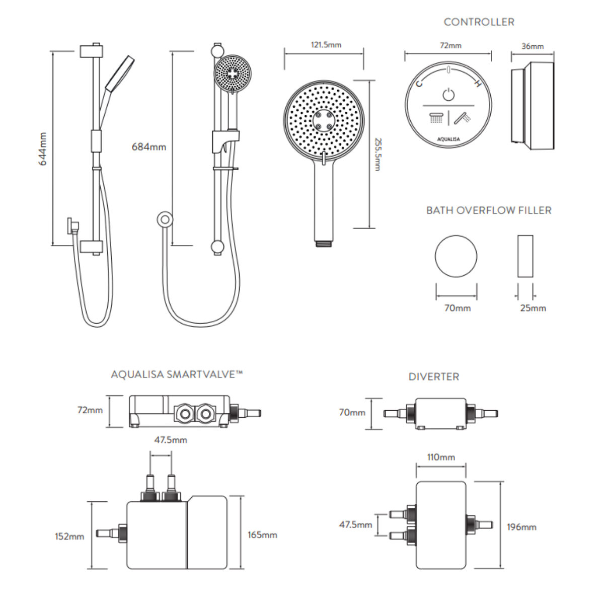 Aqualisa Smart Glo Digital Shower - Dual Outlet with Riser Rail and Bath Fill (Concealed) HP/Combi - Black - Technical drawing