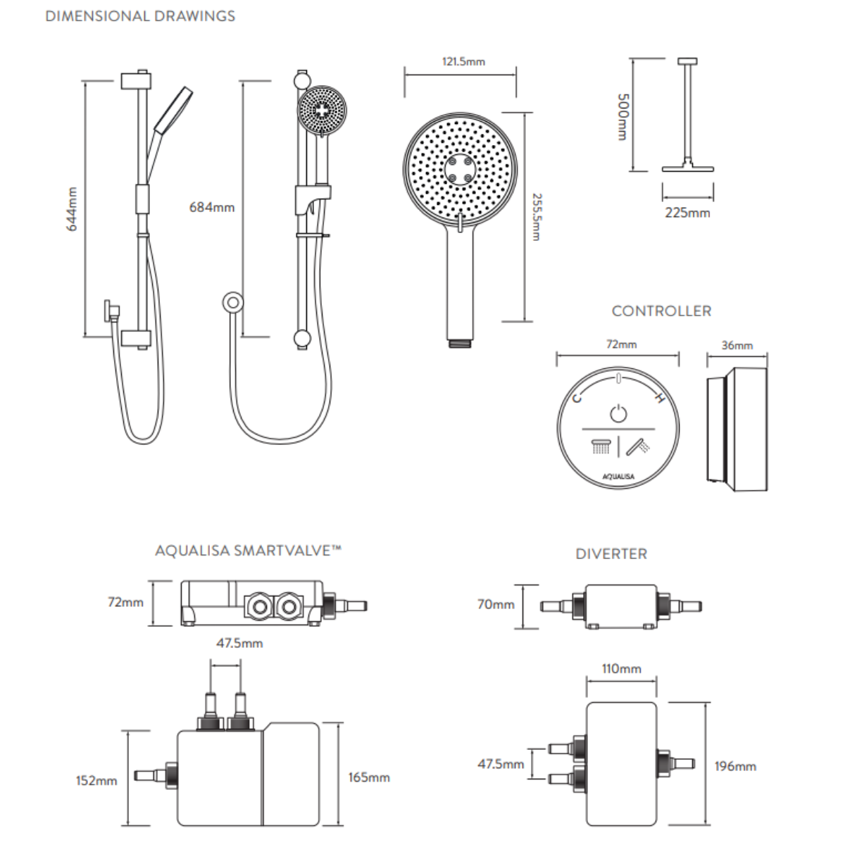 Aqualisa Smart Glo Dual Head Concealed Digital Shower - HP/Combi Black - Technical drawing