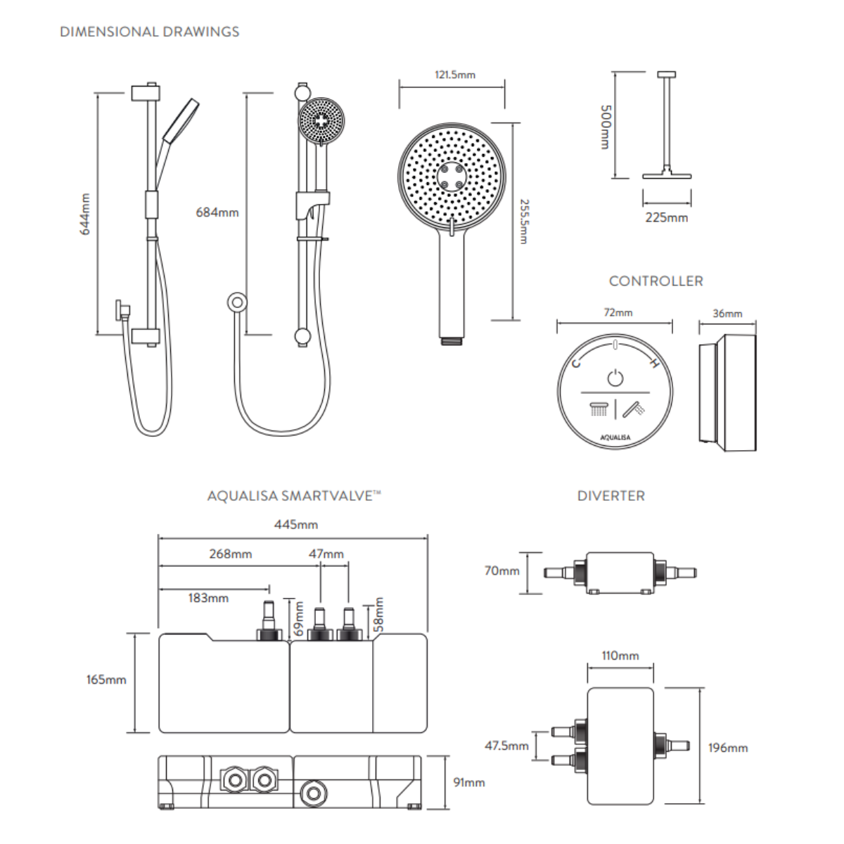 Aqualisa Smart Glo Digital Shower - Dual Outlet with Riser Rail and Fixed Ceiling Head (Concealed) Gravity Pumped - Black - Technical drawing