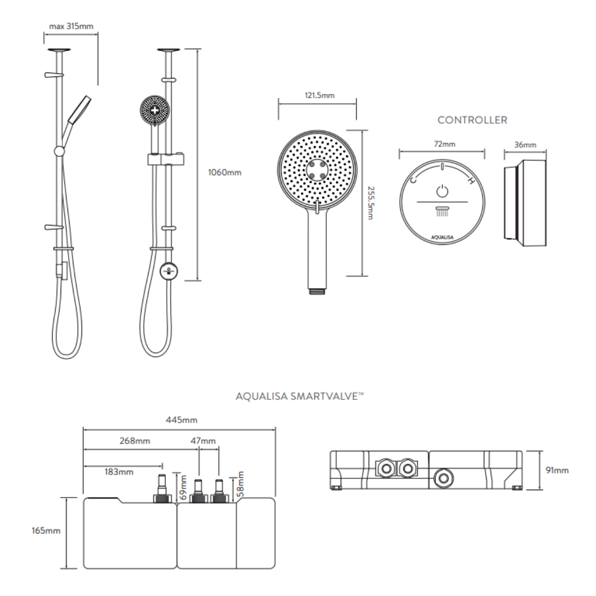 Aqualisa Smart Glo Digital Shower - Single Outlet with Riser Rail Exposed Gravity Pumped - Black - Technical drawing