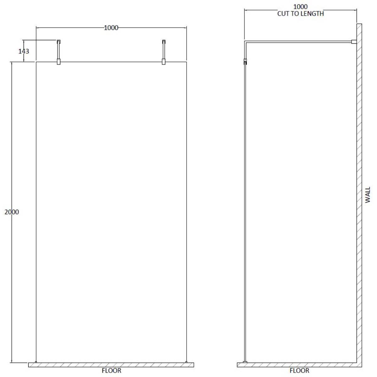 Hudson Reed 1000mm Wetroom Screen with Arms and Feet - Chrome GPAF10 - Technical drawing
