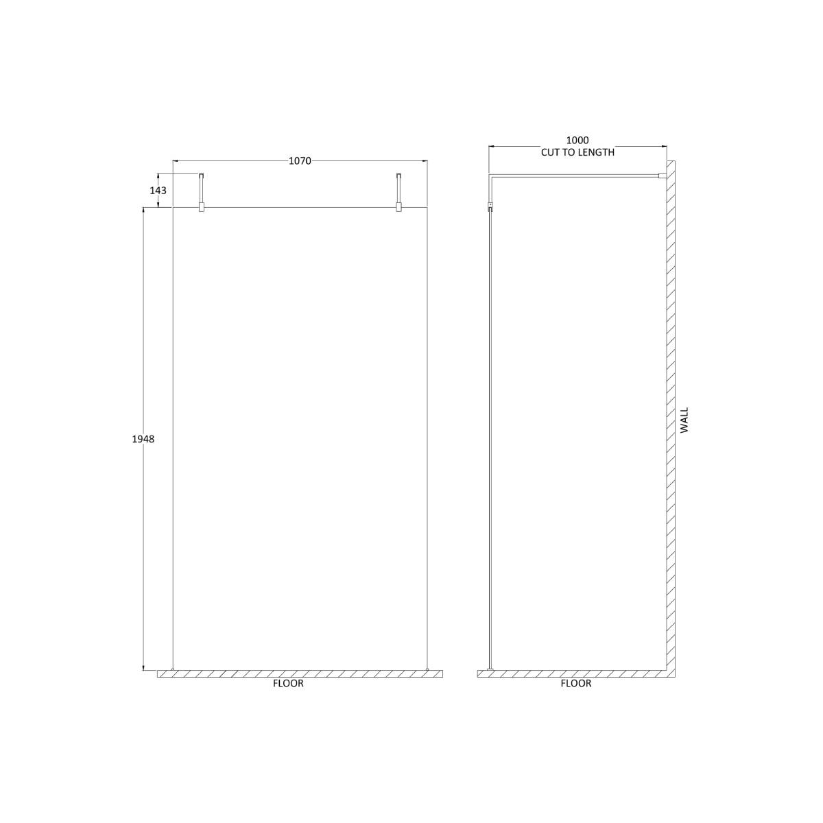 Hudson Reed 1100mm Wetroom Screen with Arms and Feet - Chrome GPAF11 - Technical drawing