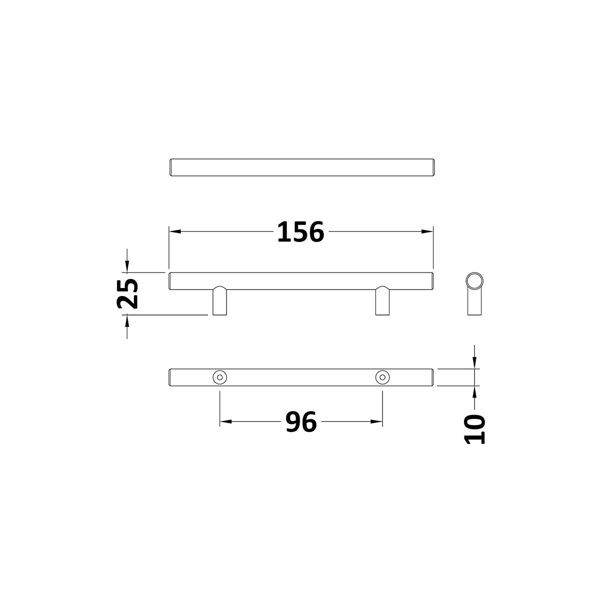 Hudson Reed Bar Handle 96mm Centres - Chrome - Technical drawing