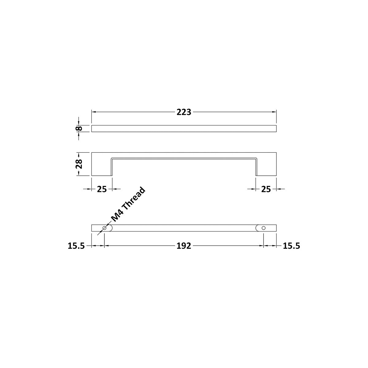 Brushed Brass 223mm D Handle - Technical drawing