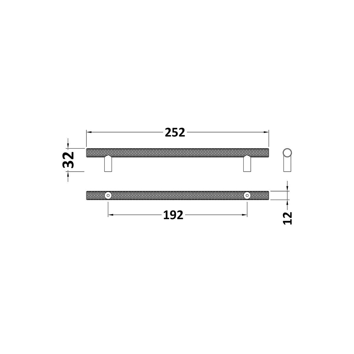 Brushed Brass 192mm Knurled Bar Handle - Technical drawing