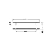 Brushed Brass 192mm Knurled Bar Handle - Technical drawing