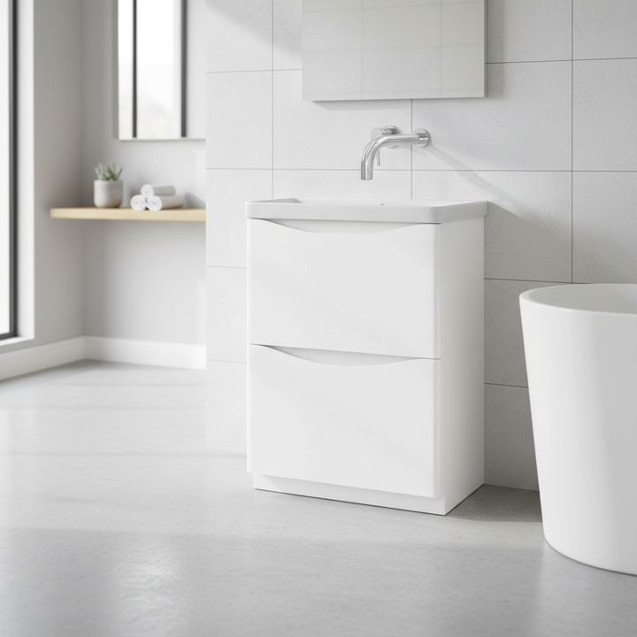 Happi 600mm Floor Standing Vanity Unit &amp; Basin with No Tap Holes - Gloss White
