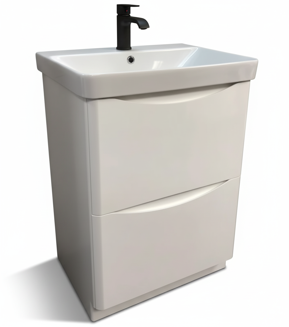 Happi 600mm 2 Drawer Floor Standing Vanity Unit - Matt White inc Basin