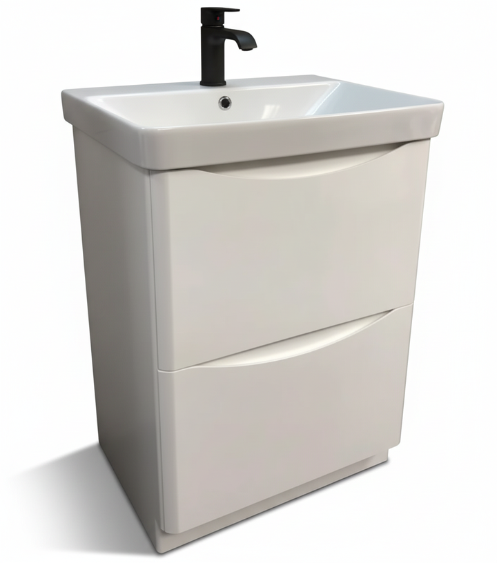 Happi 600mm 2 Drawer Floor Standing Vanity Unit - Matt White inc Basin