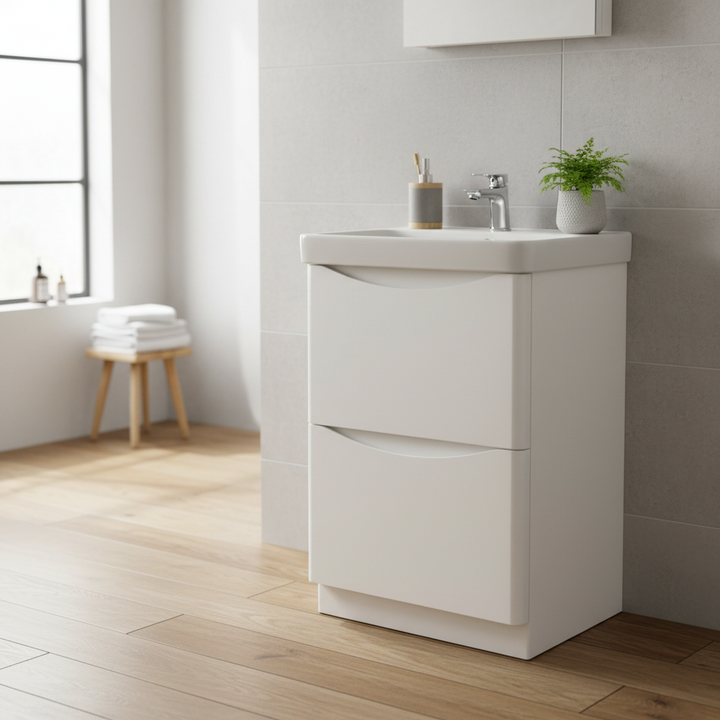 Happi 600mm 2 Drawer Floor Standing Vanity Unit - Matt White inc Basin