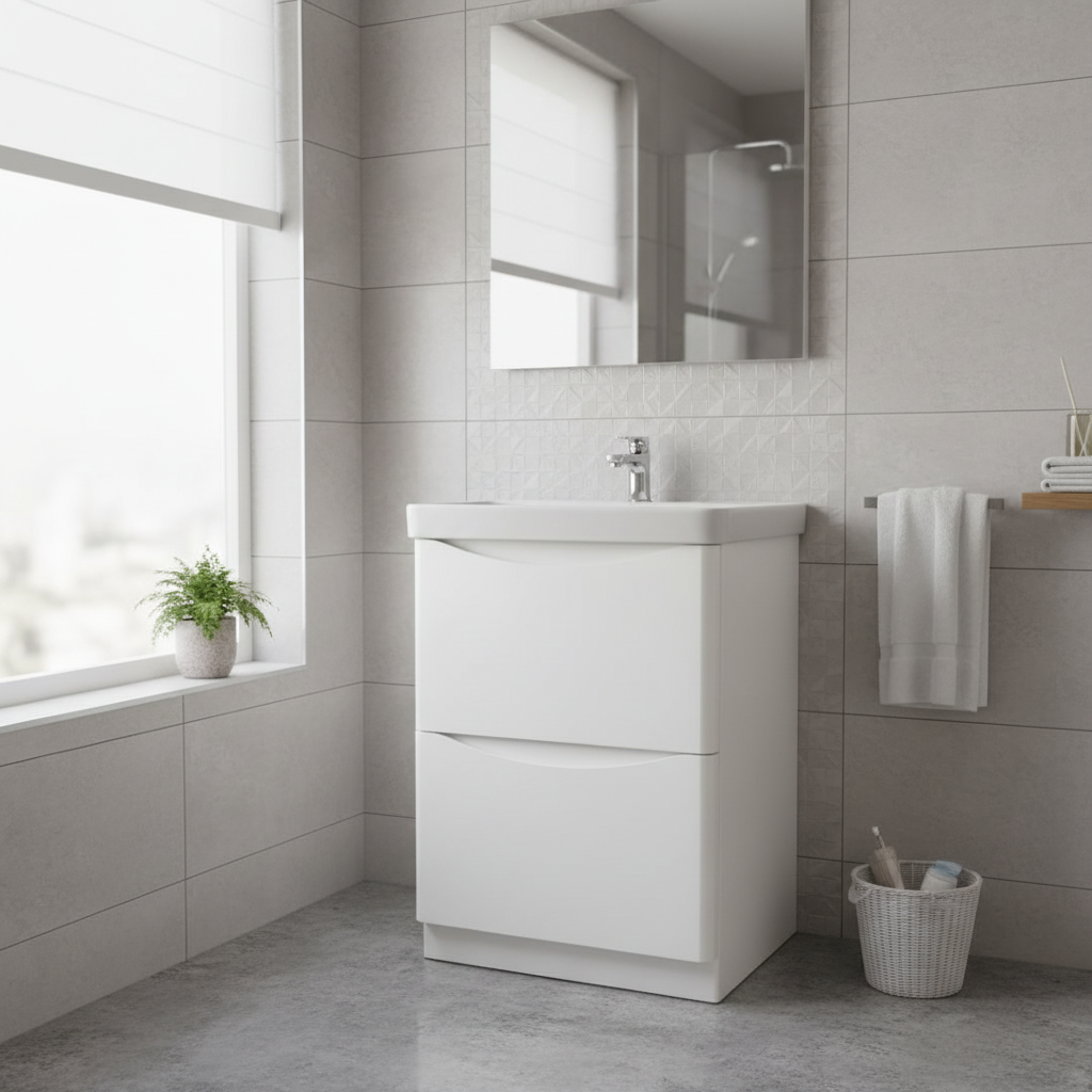 Happi 600mm 2 Drawer Floor Standing Vanity Unit - Matt White inc Basin