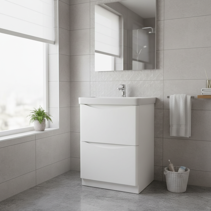 Happi 600mm 2 Drawer Floor Standing Vanity Unit - Matt White inc Basin
