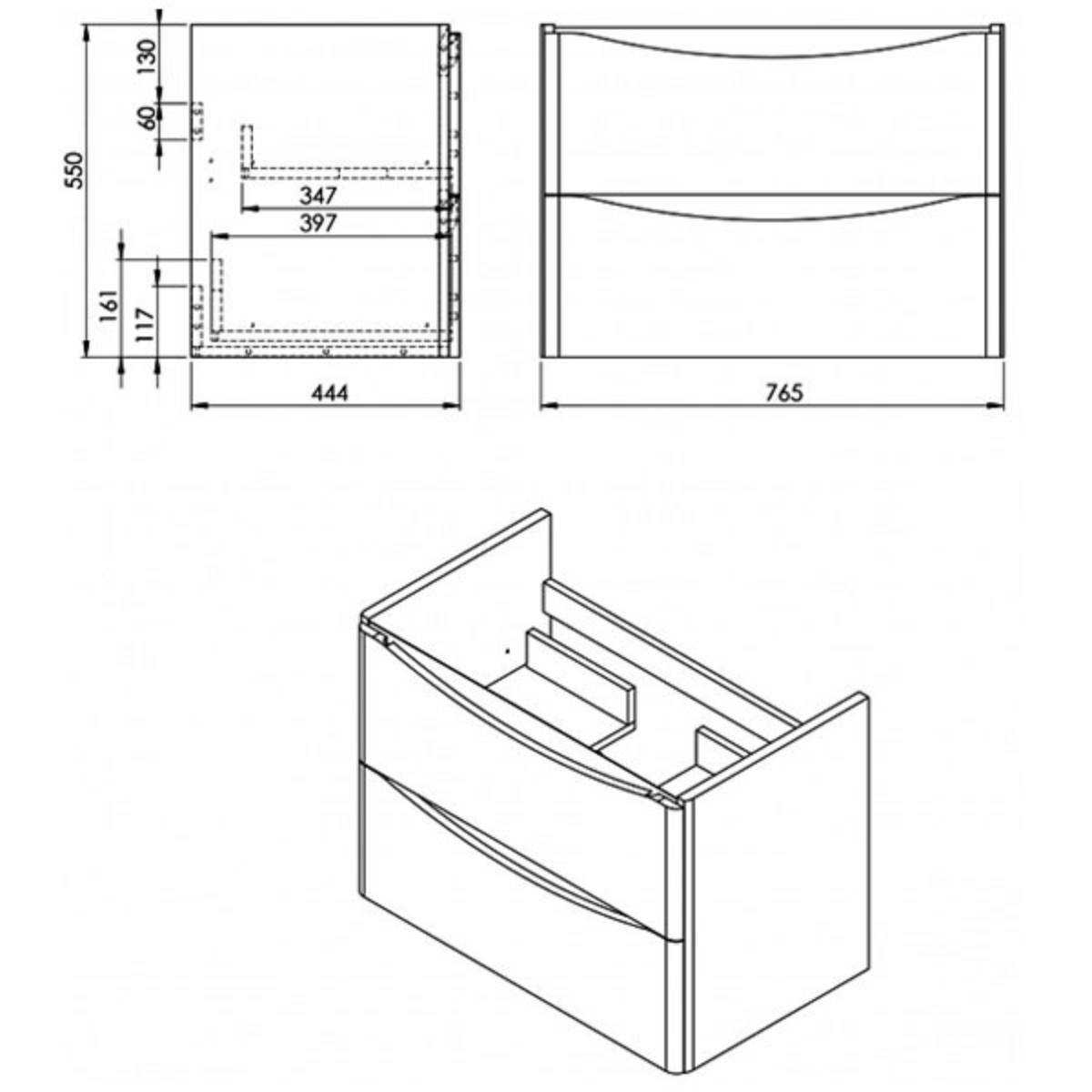 Happi 800mm Wall Hung Vanity Unit & Basin - Gloss White - Technical drawing