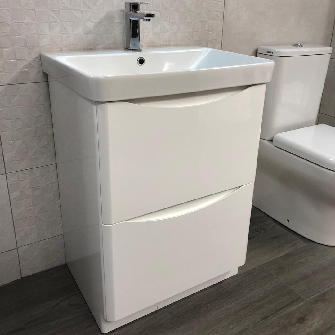 Happi 600mm Floor Standing Vanity Unit &amp; Basin - Gloss White