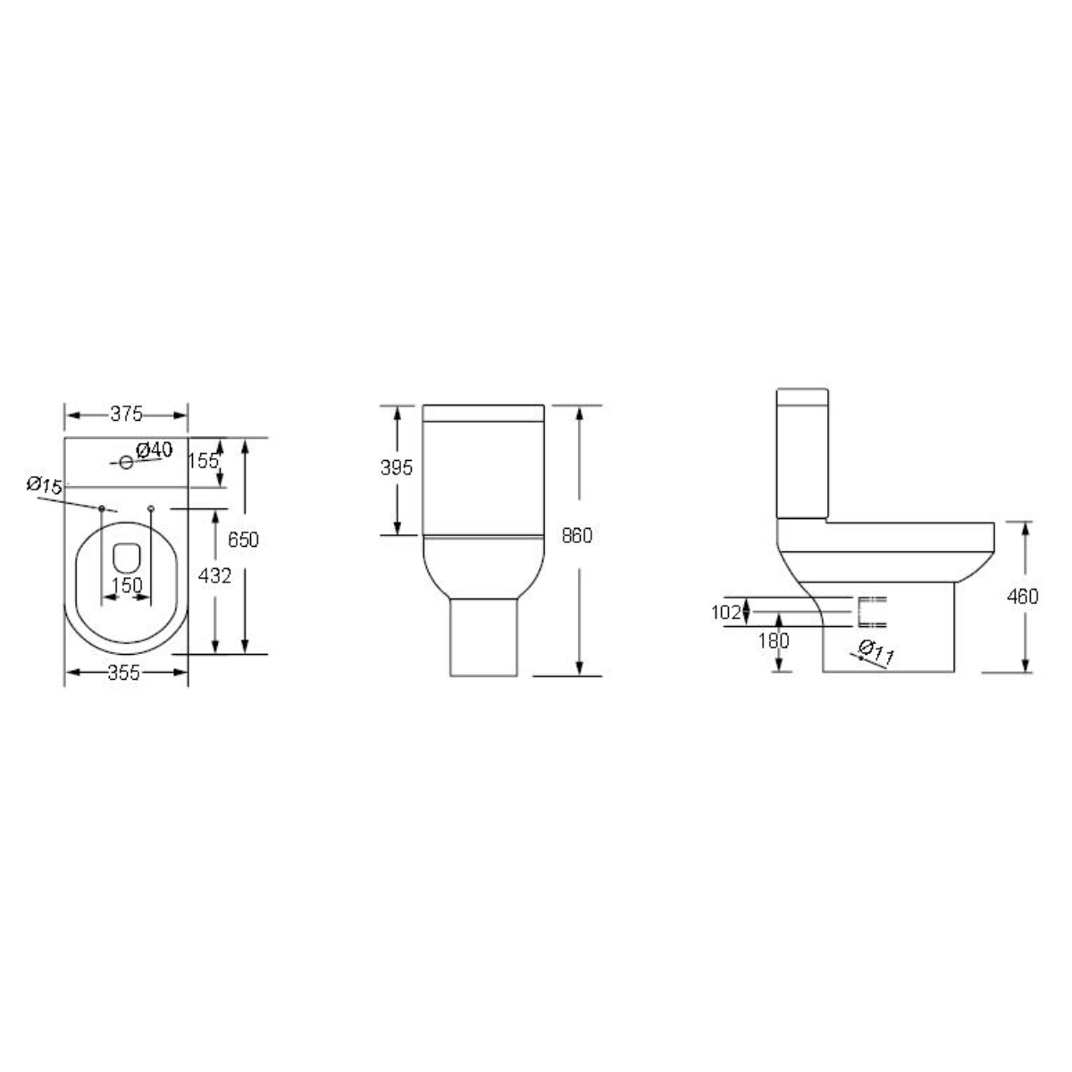 Harmony Rimless Comfort Height Close Coupled Toilet with Soft Close Toilet Seat - Technical drawing