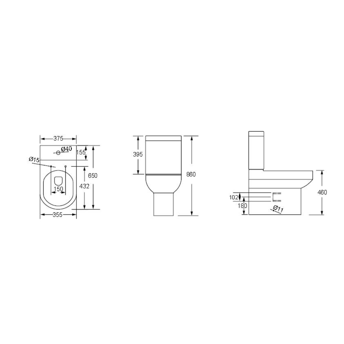 Harmony Rimless Comfort Height Fully Back to Wall Close Coupled Toilet with Soft Close Toilet Seat - Technical drawing