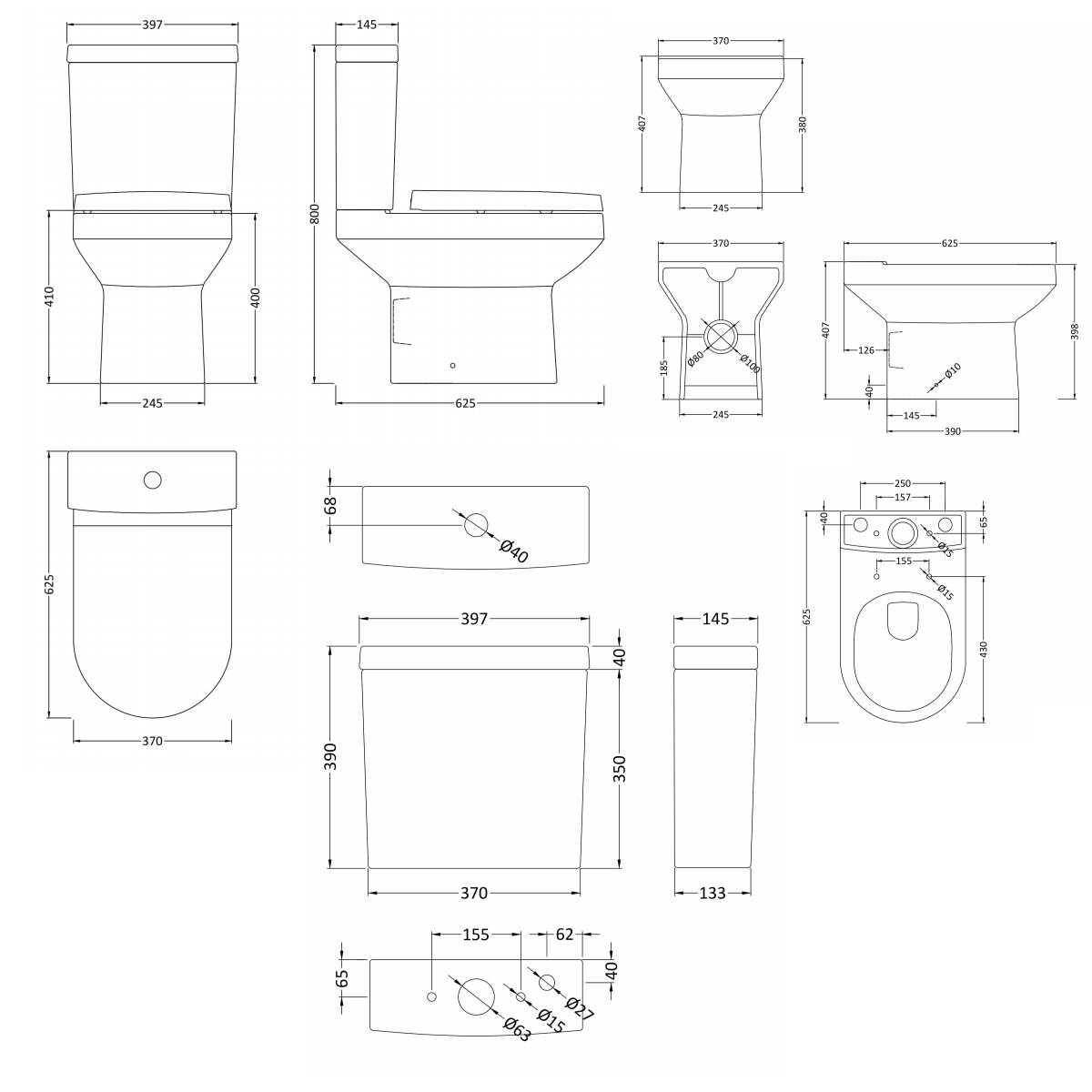 Nuie Harmony Close Coupled Toilet & Soft Close Seat - Technical drawing