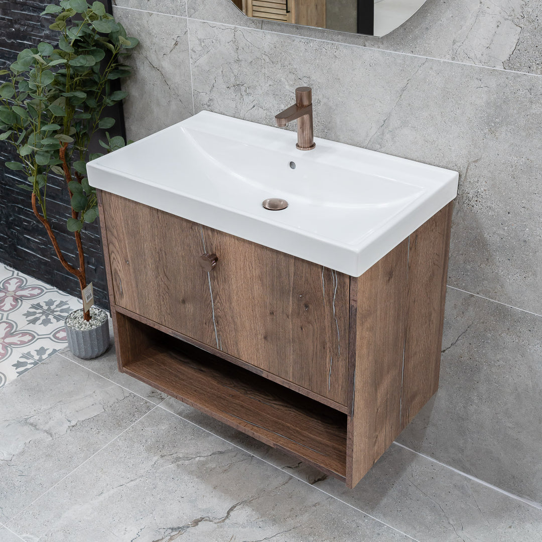 Josef Martin Havana 800mm Wall Hung Vanity Unit &amp; Inset Basin - Pewter Oak