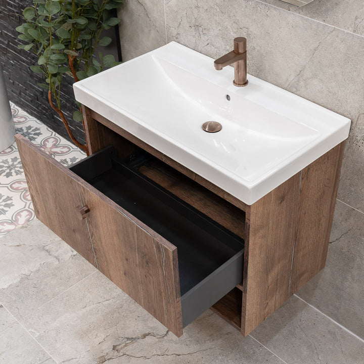 Josef Martin Havana 800mm Wall Hung Vanity Unit &amp; Inset Basin - Pewter Oak