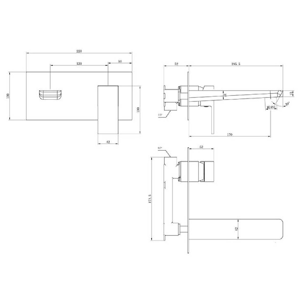 Eliseo Ricci Sharpe Wall Mounted Basin Mixer - Matt Black - Technical drawing