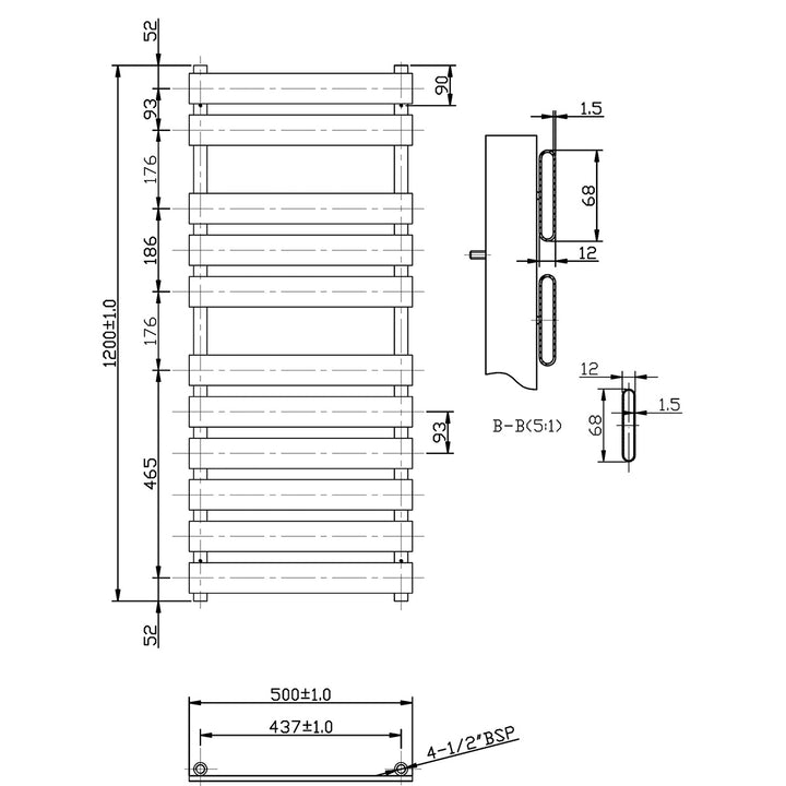 Hudson Reed Piazza 1200 x 500mm Heated Towel Rail - Chrome