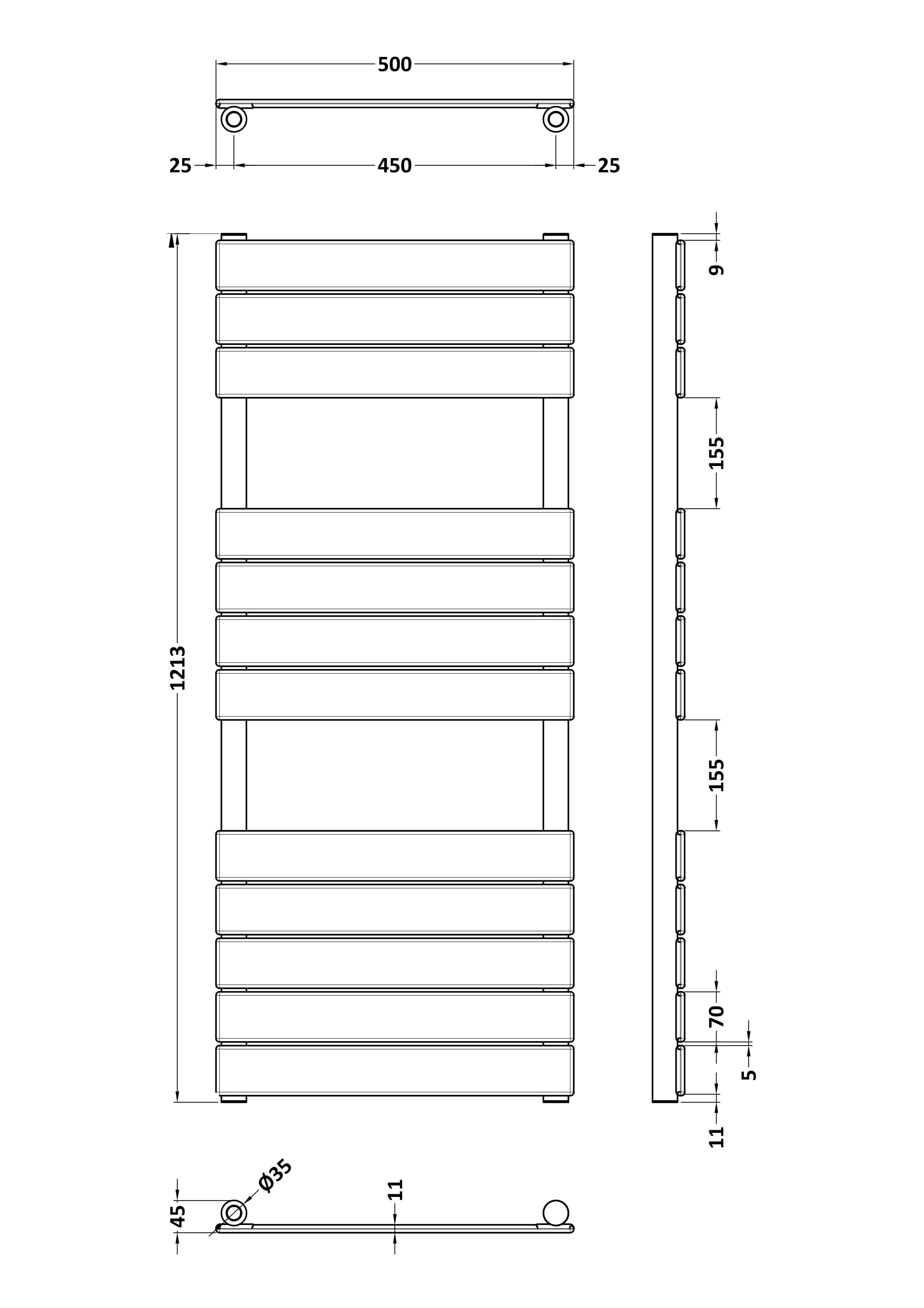 Hudson Reed Piazza Square Flat Towel Radiator 1213x500mm - Brushed Brass - Technical drawing