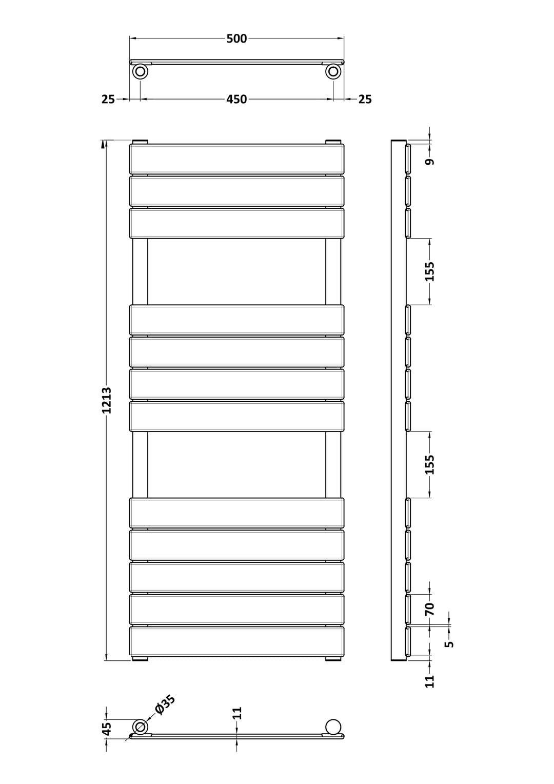 Hudson Reed Piazza Square Flat Towel Radiator 1213x500mm - Brushed Brass