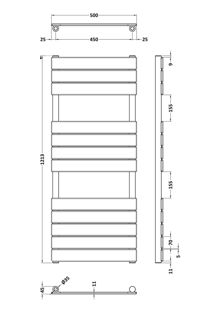 Hudson Reed Piazza Square Flat Towel Radiator 1213x500mm - Brushed Brass
