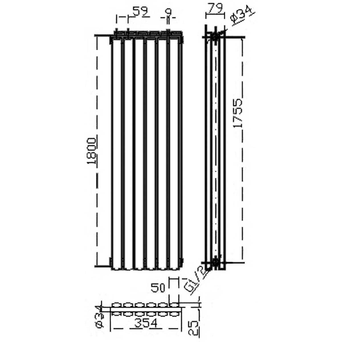Hudson Reed Revive 1800 x 354mm Double Panel Radiator - Anthracite HLA77 - Technical drawing