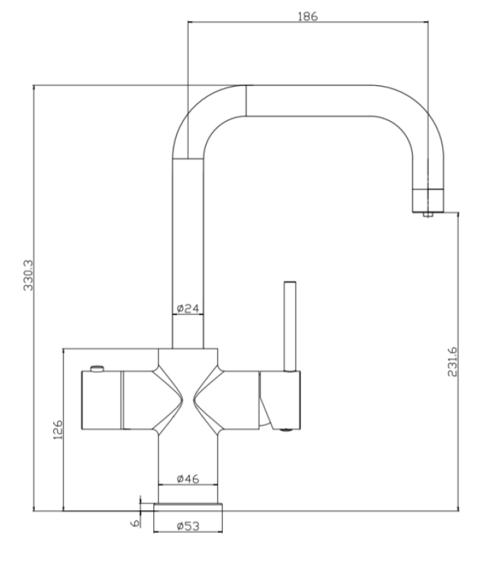 3 in 1 Boiling Water Tap D Spout - Black - Technical drawing