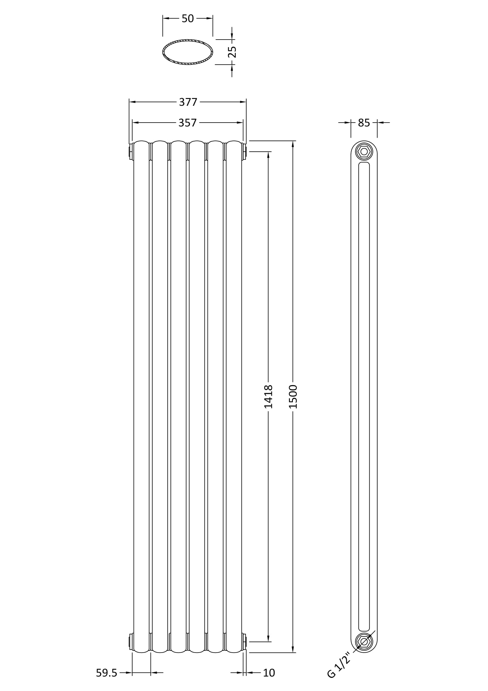 Hudson ReedSalvia Designer Radiator - Gloss White - Technical drawing