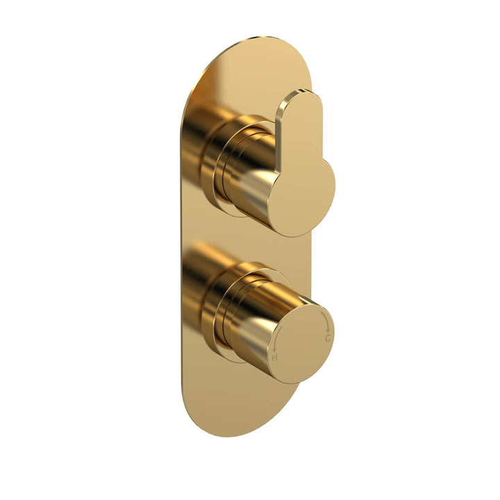 Twin Thermostatic Round Handle Concealed Valve with Diverter - Brushed Brass