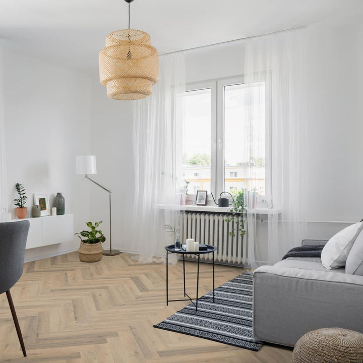 Greige Oak 12mm Herringbone Laminate Wooden Flooring - 600 x 100 x 12 mm - 1.92 M2 Per box