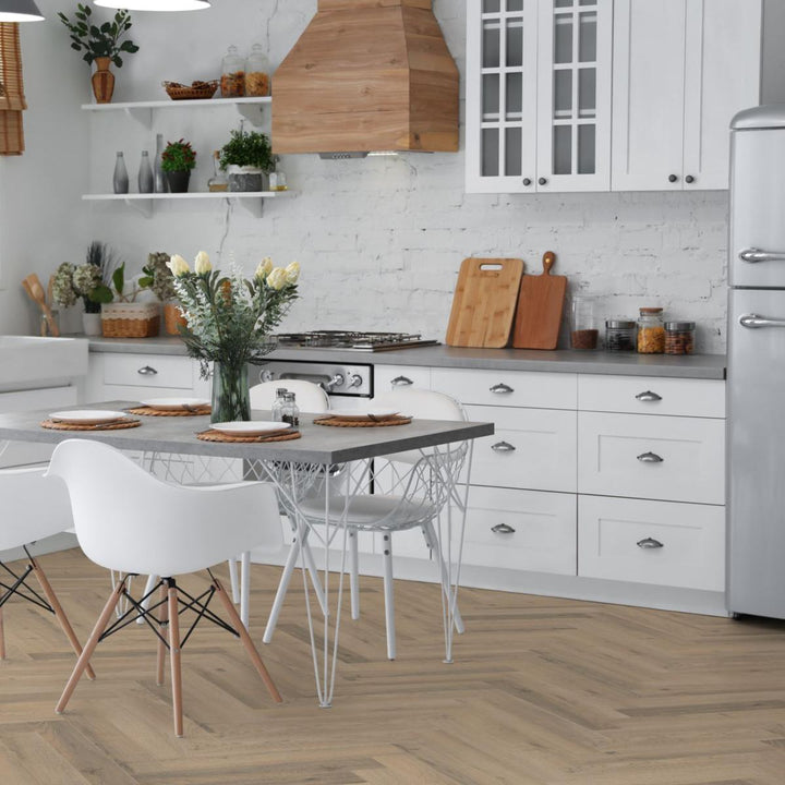Greige Oak 12mm Herringbone Laminate Wooden Flooring - 600 x 100 x 12 mm - 1.92 M2 Per box