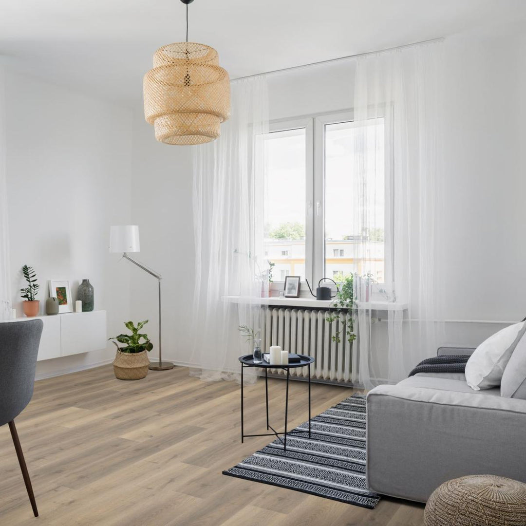 Greige Oak 12mm Laminate Wooden Flooring - 1215 x 196 x 12 mm - 1.43 M2 Per box
