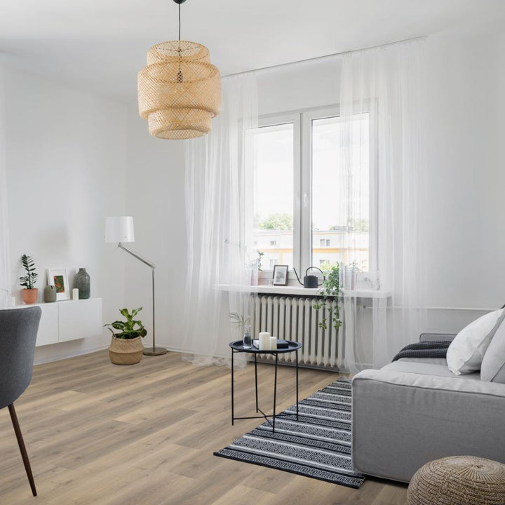 Greige Oak 12mm Laminate Wooden Flooring - 1215 x 196 x 12 mm - 1.43 M2 Per box