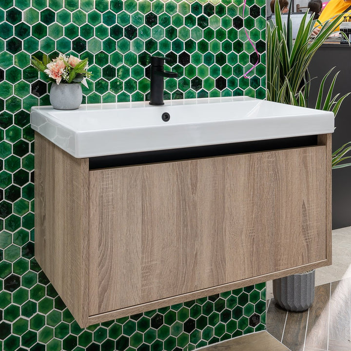 Josef Martin Roma 800mm Wall Hung 1 Drawer Vanity Unit &amp; Basin - Cambrian Oak