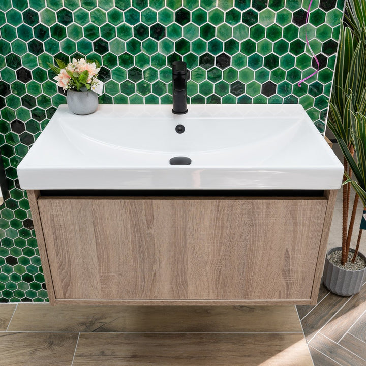 Josef Martin Roma 800mm Wall Hung 1 Drawer Vanity Unit &amp; Basin - Cambrian Oak