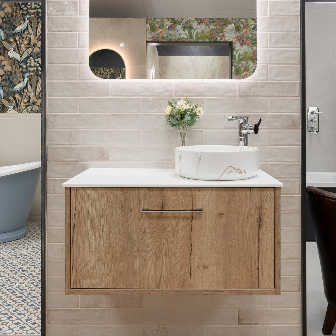 Josef Martin Urbano 800mm Wall Hung Vanity Unit &amp; Solaris Worktop - Halifax Oak