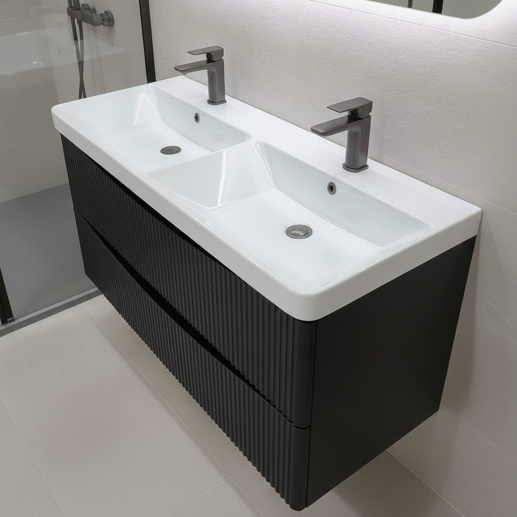 Josef Martin Happi 1200mm Fluted Wall Hung Double Vanity Unit &amp; Basin - Black