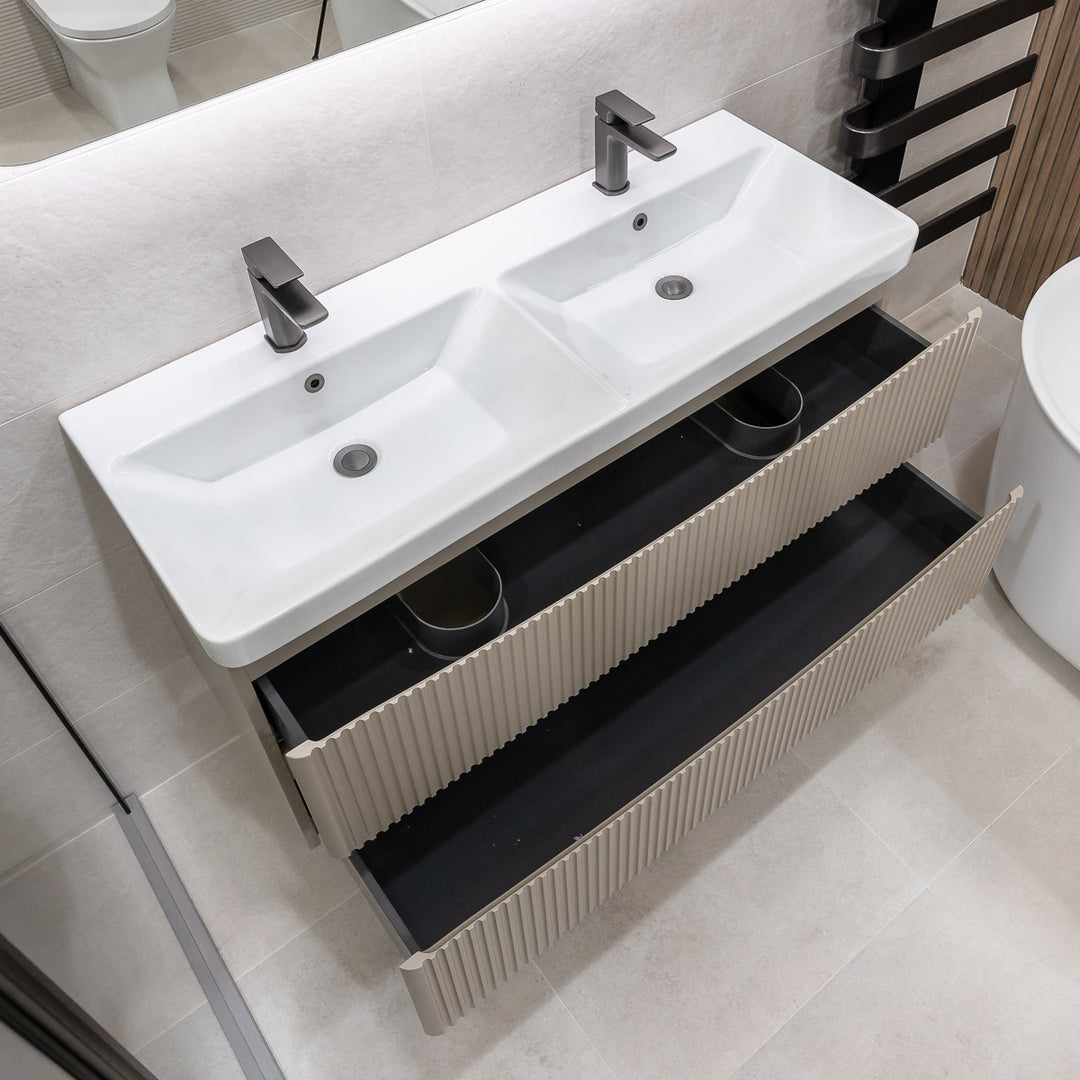 Josef Martin Happi 1200mm Wall Hung Fluted Double Vanity Unit &amp; Double Inset Basin - Sand